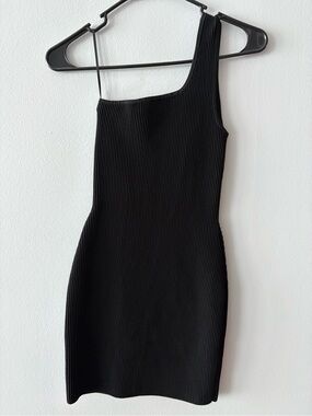 Aritzia Babaton Black One-Shoulder Ribbed Mini Dress